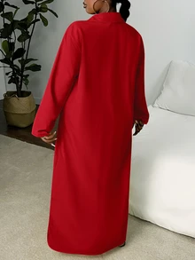 Veslaya Plus Size Casual Elegant Yellow Button Placket Dress, Suitable For Summer And Autumn Fall - Red - View 2