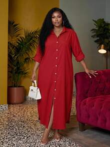 Veslaya Plus Size Casual Elegant Yellow Button Placket Dress, Suitable For Summer And Autumn Fall - Red - View 1