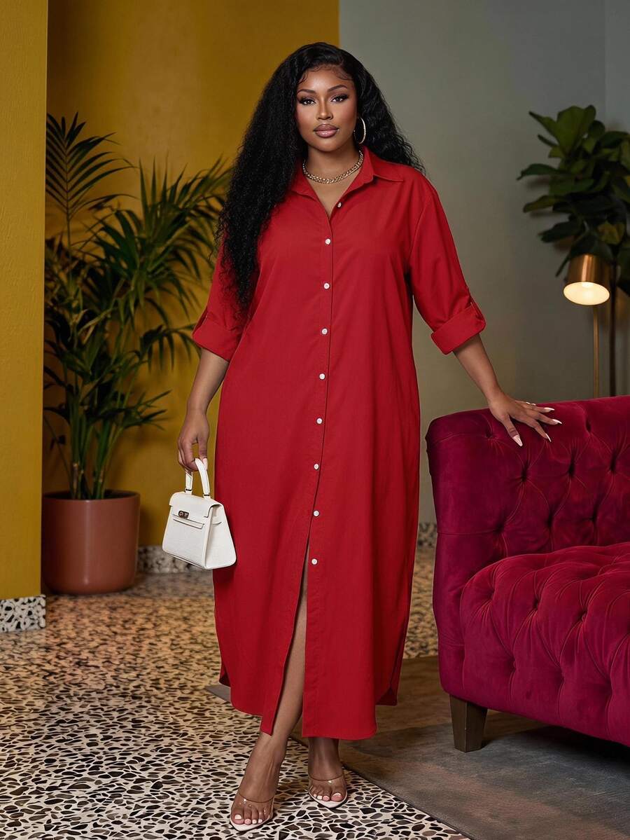 Veslaya Plus Size Casual Elegant Yellow Button Placket Dress, Suitable For Summer And Autumn Fall - Red - View 1