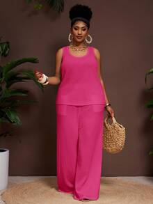 Veslaya Women's Plus Size Hot Pink 2 Pieces Set Summer Smart Casual Baggy Vacation Textured U-Neck Tank Top Elastic Waist Palazzo Pants Work Formal Outfits - Hot Pink - View 4