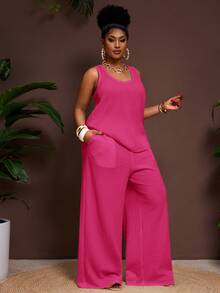 Veslaya Women's Plus Size Hot Pink 2 Pieces Set Summer Smart Casual Baggy Vacation Textured U-Neck Tank Top Elastic Waist Palazzo Pants Work Formal Outfits - Hot Pink - View 6