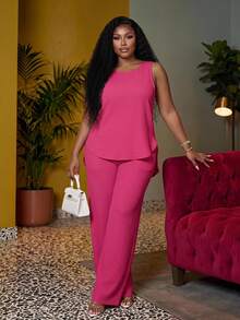 Veslaya Women's Plus Size Hot Pink 2 Pieces Set Summer Smart Casual Baggy Vacation Textured U-Neck Tank Top Elastic Waist Palazzo Pants Work Formal Outfits - Hot Pink - View 1