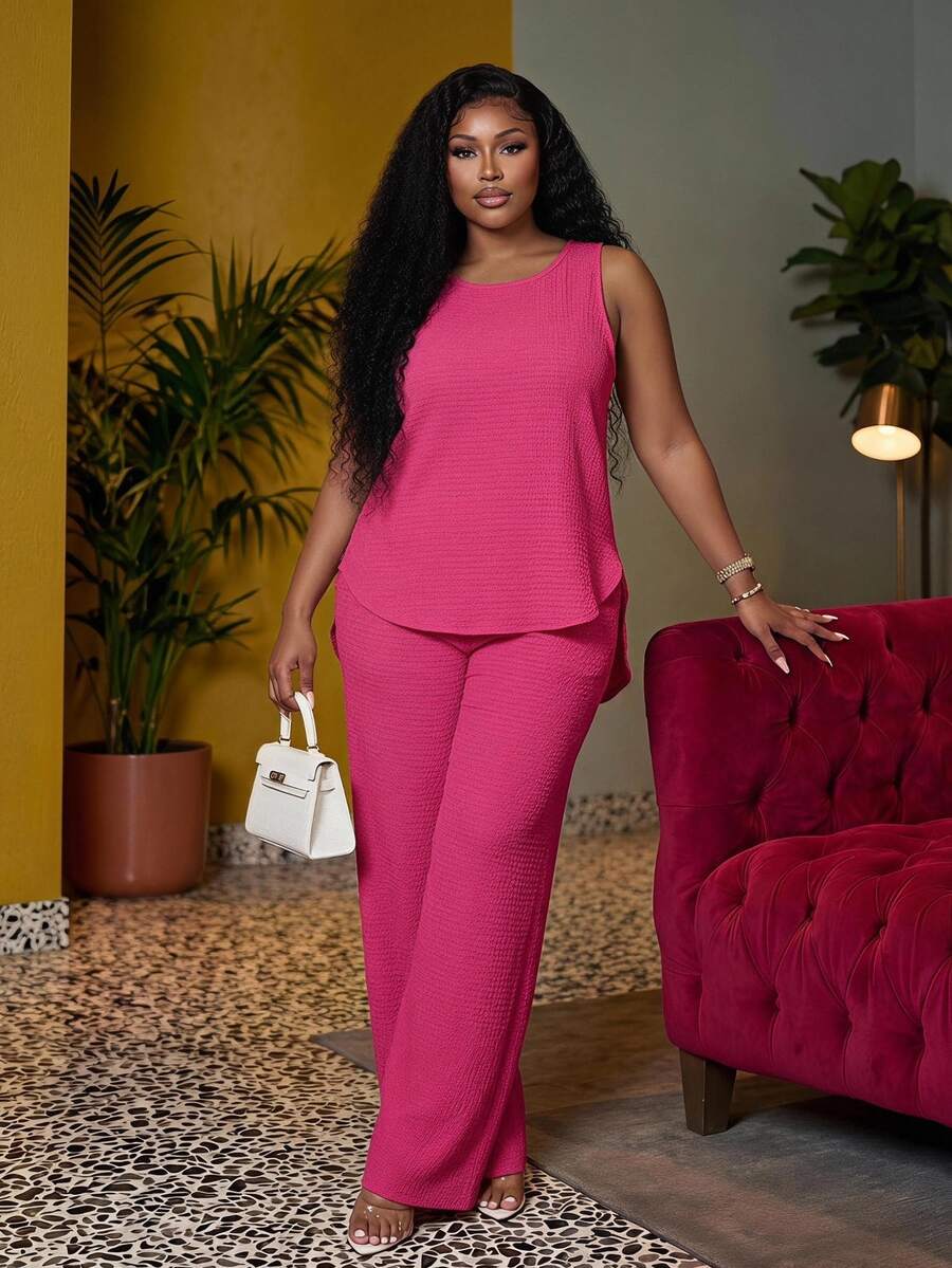 Veslaya Women's Plus Size Hot Pink 2 Pieces Set Summer Smart Casual Baggy Vacation Textured U-Neck Tank Top Elastic Waist Palazzo Pants Work Formal Outfits - Hot Pink - View 1