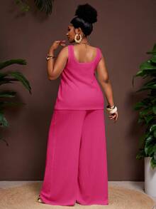 Veslaya Women's Plus Size Hot Pink 2 Pieces Set Summer Smart Casual Baggy Vacation Textured U-Neck Tank Top Elastic Waist Palazzo Pants Work Formal Outfits - Hot Pink - View 2