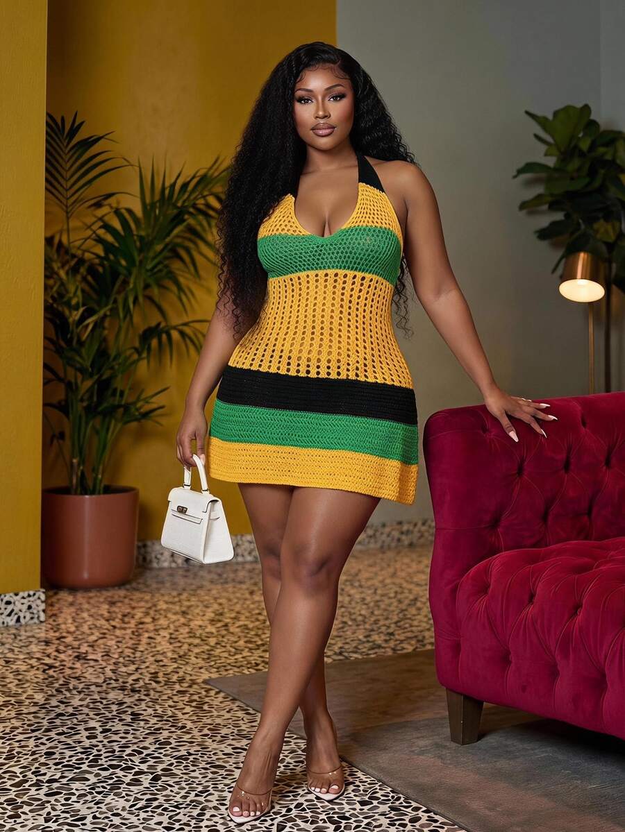 Veslaya Plus Size Women Contrast Color Halter Hollow Out A-Line Dress, Suitable For Beach Vacation, Shopping, Party Winter Fall Autumn - Multicolor - View 1
