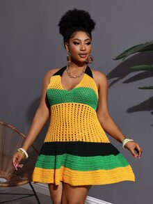 Veslaya Plus Size Women Contrast Color Halter Hollow Out A-Line Dress, Suitable For Beach Vacation, Shopping, Party Winter Fall Autumn - Multicolor - View 5