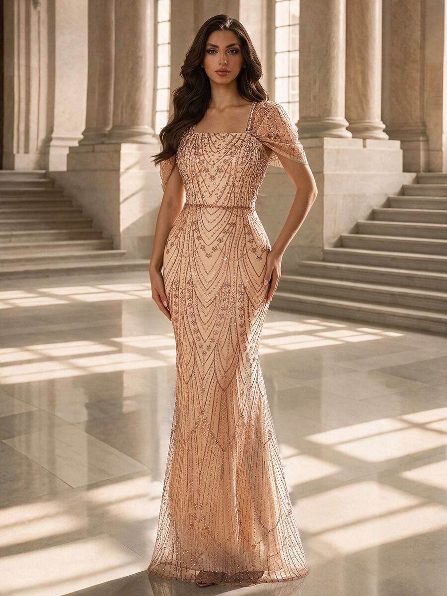 Coutiva Gaun Malam Formal Musim Dingin Elegan dengan Bordir Payet dan Mutiara, Leher Persegi, Bahu Terbuka, Tanpa Punggung, Rok Duyung, Gaun Pesta Pernikahan Warna Krem - Sampanye - View 1