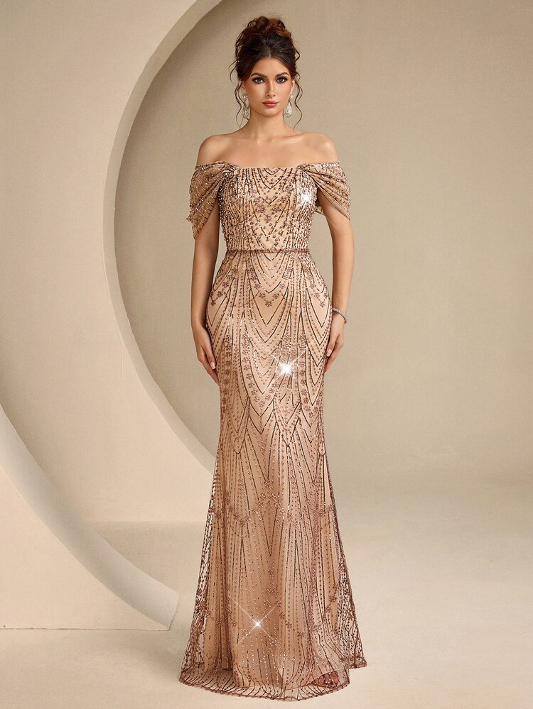 Coutiva Elegant Winter Sequined Embroidery Pearl Rhinestone, Square Neckline, Cold Shoulder, Backless, Mermaid Skirt, Formal Evening Gown, Wedding Party Beige - Champagne - View 9