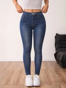 SHEIN PETITE Women's Fashion Street Button Pocket Skinny Jeans - Dark Wash - View 6