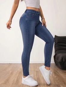 SHEIN PETITE Women's Fashion Street Button Pocket Skinny Jeans - Dark Wash - View 4