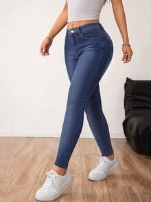 SHEIN PETITE Women's Fashion Street Button Pocket Skinny Jeans - Dark Wash - View 1