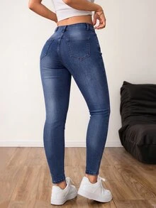 SHEIN PETITE Women's Fashion Street Button Pocket Skinny Jeans - Dark Wash - View 2