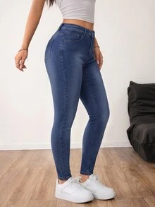 SHEIN PETITE Women's Fashion Street Button Pocket Skinny Jeans - Dark Wash - View 3