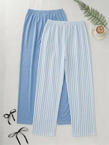 SHEIN Plus Size Blue Striped & Solid Pajama Pants 2 Packs For Women - Blue - View 2