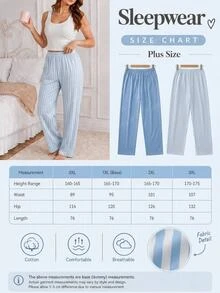 SHEIN Plus Size Blue Striped & Solid Pajama Pants 2 Packs For Women - Blue - View 3