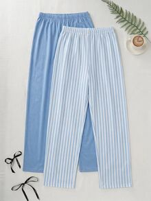 SHEIN Plus Size Blue Striped & Solid Pajama Pants 2 Packs For Women - Blue - View 4