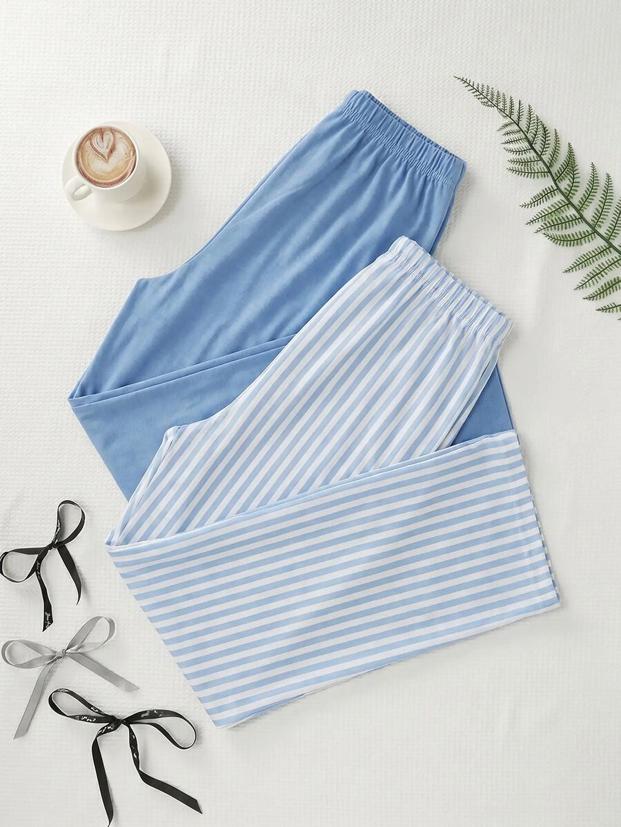 SHEIN Plus Size Blue Striped & Solid Pajama Pants 2 Packs For Women - Blue - View 1
