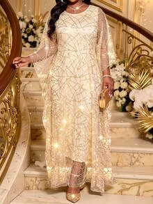 SHEIN Lady فستان حفلة كاجوال للنساء مقاس كبير - لون مشمشي - مشاهدة 1