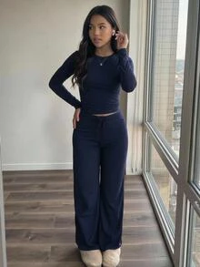 SHEIN Setelan 2 Potong untuk Remaja Perempuan: Kaos dan Celana Panjang, Warna Biru Tua, Desain Minimalis, Kerah Bulat, dan Celana Panjang. - Navy Blue - View 3