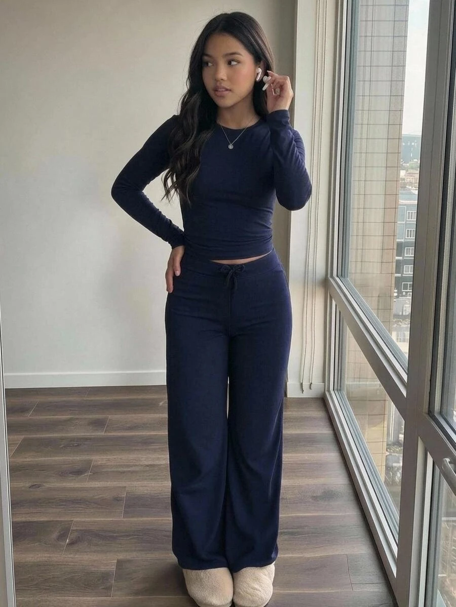 SHEIN Tween女孩深藍色基礎簡約圓領長袖T恤與長褲兩件套套裝 - 藏蓝色 - 查看 1