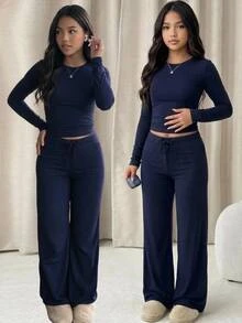 SHEIN Setelan 2 Potong untuk Remaja Perempuan: Kaos dan Celana Panjang, Warna Biru Tua, Desain Minimalis, Kerah Bulat, dan Celana Panjang. - Navy Blue - View 1