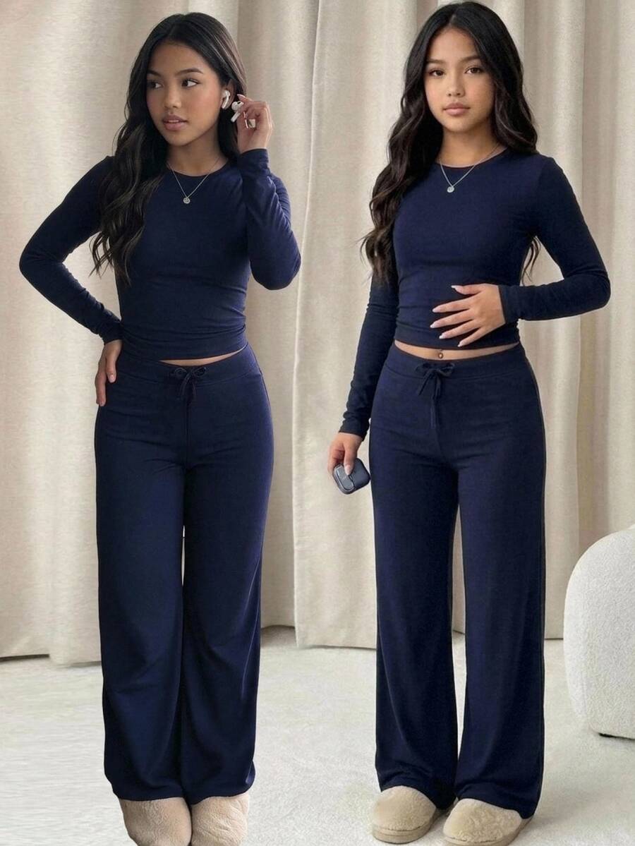 SHEIN Setelan 2 Potong untuk Remaja Perempuan: Kaos dan Celana Panjang, Warna Biru Tua, Desain Minimalis, Kerah Bulat, dan Celana Panjang. - Navy Blue - View 1
