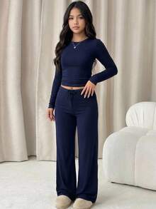 SHEIN Setelan 2 Potong untuk Remaja Perempuan: Kaos dan Celana Panjang, Warna Biru Tua, Desain Minimalis, Kerah Bulat, dan Celana Panjang. - Navy Blue - View 5