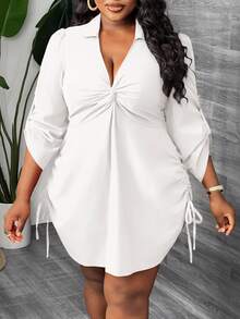 Veslaya Women's Plus Size White Outfit: Chic And Comfortable Collared Mini Shirt Dress With Adjustable Drawstring,Graduation Dress Fall - White - View 6