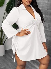 Veslaya Women's Plus Size White Outfit: Chic And Comfortable Collared Mini Shirt Dress With Adjustable Drawstring,Graduation Dress Fall - White - View 5