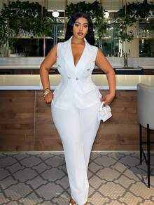 Veslaya Plus Size Suit Vest & Long Pants Solid Color Two Pieces Set - White - View 5