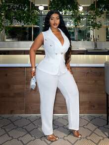Veslaya Plus Size Suit Vest & Long Pants Solid Color Two Pieces Set - White - View 4