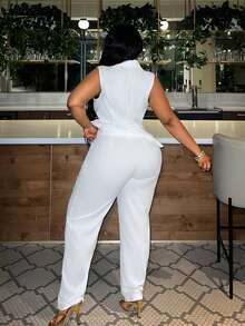 Veslaya Plus Size Suit Vest & Long Pants Solid Color Two Pieces Set - White - View 2