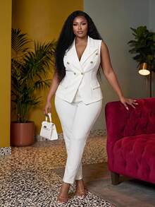 Veslaya Plus Size Suit Vest & Long Pants Solid Color Two Pieces Set - White - View 1
