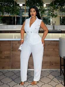 Veslaya Plus Size Suit Vest & Long Pants Solid Color Two Pieces Set - White - View 3