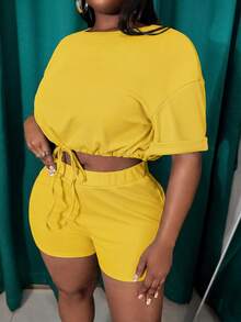 Veslaya Slayr Plus Casual Solid Color Fitted Drawstring Split Women's Plus Size Two Pieces Outfits,Set,Summer,Two Pieces - Pale Yellow - View 5