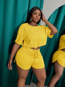Veslaya Slayr Plus Casual Solid Color Fitted Drawstring Split Women's Plus Size Two Pieces Outfits,Set,Summer,Two Pieces - Pale Yellow - View 8