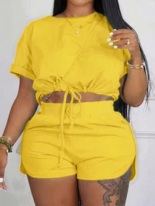 Veslaya Slayr Plus Casual Solid Color Fitted Drawstring Split Women's Plus Size Two Pieces Outfits,Set,Summer,Two Pieces - Pale Yellow - View 6