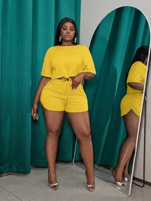 Veslaya Slayr Plus Casual Solid Color Fitted Drawstring Split Women's Plus Size Two Pieces Outfits,Set,Summer,Two Pieces - Pale Yellow - View 4