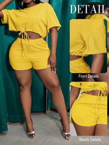 Veslaya Slayr Plus Casual Solid Color Fitted Drawstring Split Women's Plus Size Two Pieces Outfits,Set,Summer,Two Pieces - Pale Yellow - View 9