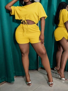 Veslaya Slayr Plus Casual Solid Color Fitted Drawstring Split Women's Plus Size Two Pieces Outfits,Set,Summer,Two Pieces - Pale Yellow - View 3
