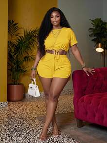 Veslaya Slayr Plus Casual Solid Color Fitted Drawstring Split Women's Plus Size Two Pieces Outfits,Set,Summer,Two Pieces - Pale Yellow - View 1