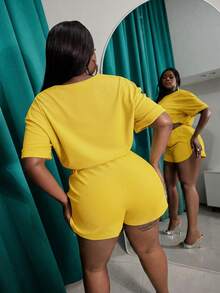 Veslaya Slayr Plus Casual Solid Color Fitted Drawstring Split Women's Plus Size Two Pieces Outfits,Set,Summer,Two Pieces - Pale Yellow - View 2