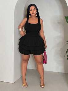 Veslaya Black Tank Top & Mini Skirt 2 Pieces Set, Suitable For Music Festival Outfit, Plus Size - Multicolor - View 4