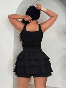 Veslaya Black Tank Top & Mini Skirt 2 Pieces Set, Suitable For Music Festival Outfit, Plus Size - Multicolor - View 2
