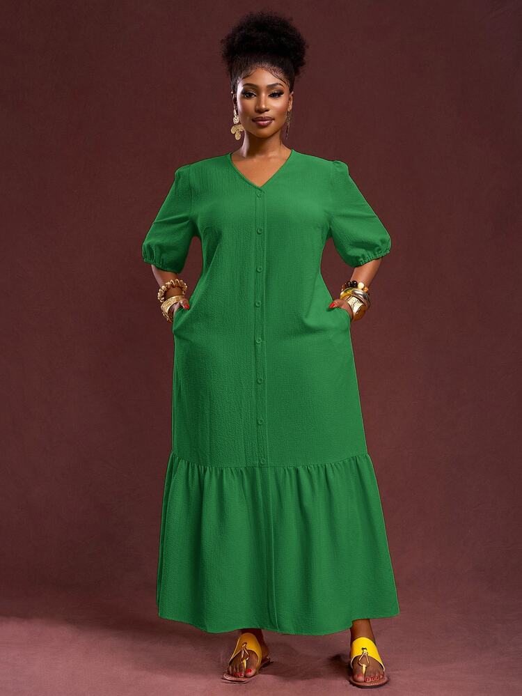 Veslaya Women's Plus Size Sage Green Summer Elegant Everyday Dress,Vintage V-Neck Puff Sleeve H-Line Ruffle Hem Maxi Dress,Casual Loose Textured Plaid Attire - Green - View 8