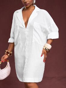 Veslaya Plus Size Plain Color Drop Shoulder Sleeve Summer Loose Textured Fabric Casual Dress Fall - White - View 6