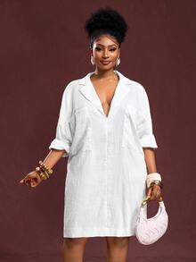 Veslaya Plus Size Plain Color Drop Shoulder Sleeve Summer Loose Textured Fabric Casual Dress Fall - White - View 5
