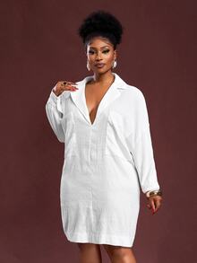 Veslaya Plus Size Plain Color Drop Shoulder Sleeve Summer Loose Textured Fabric Casual Dress Fall - White - View 9
