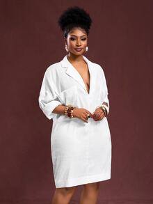 Veslaya Plus Size Plain Color Drop Shoulder Sleeve Summer Loose Textured Fabric Casual Dress Fall - White - View 4