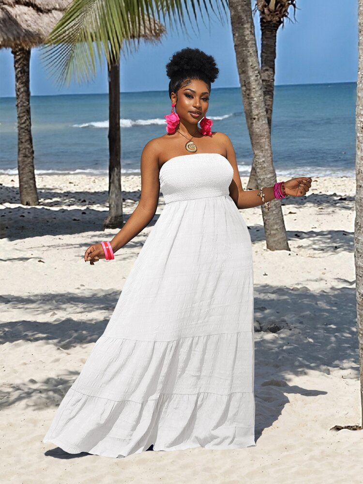 Veslaya Vacation Casual - Plus Size Green Solid Color Spring Style Strapless Dress,Summer Dresses For Women,Maxi Dress - White - View 5